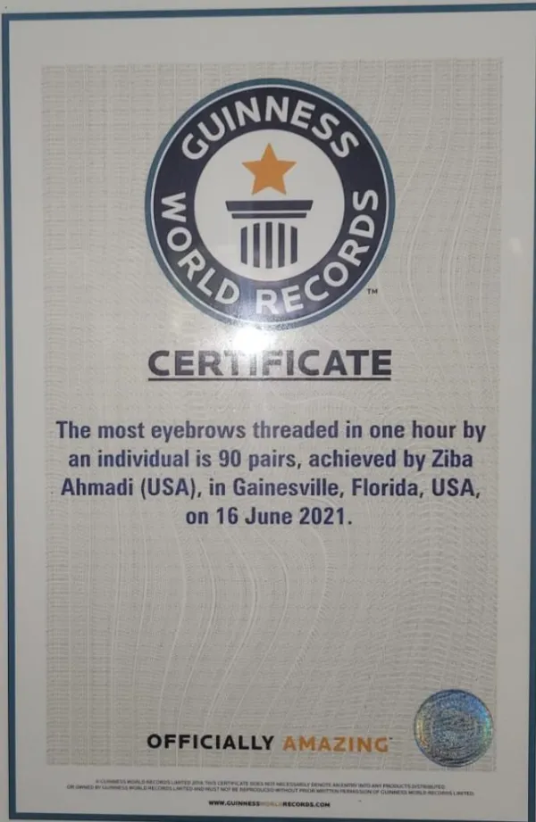 Ziba's Guinness World Records certificate for most eyebrows threaded in one hour